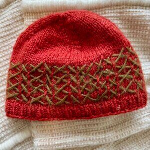 100% Wool Unique Hand-knit Beanie made in Nepal Muted Red Like French Knot